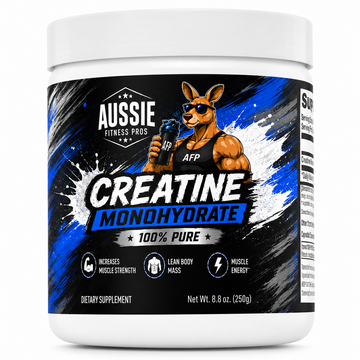 A white plastic tub of Aussie Fitness Pros Creatine Monohydrate dietary supplement with a black, blue, and white label featuring a muscular kangaroo holding a bottle.