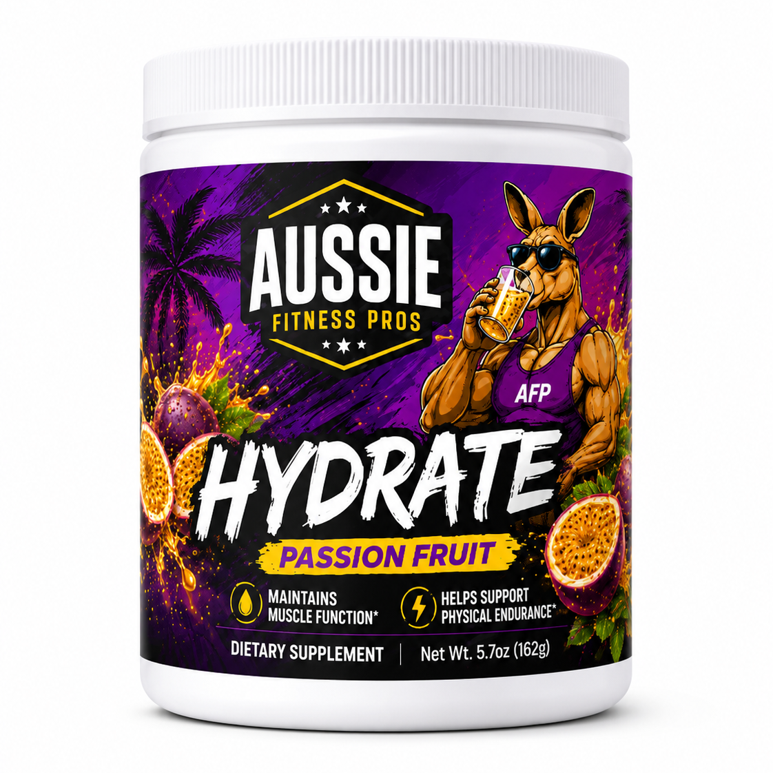 A white plastic tub of Aussie Fitness Pros Hydrate Passion Fruit dietary supplement, featuring a vibrant purple label with a muscular kangaroo mascot and passion fruit illustrations.